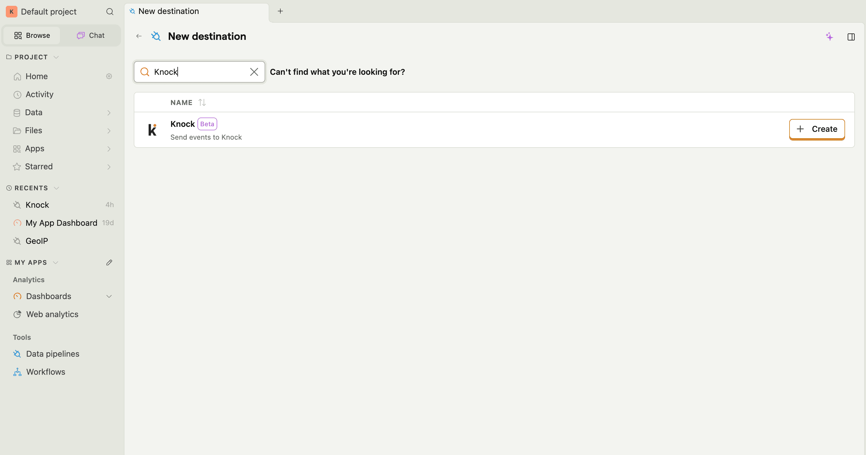 The PostHog Data pipelines page showing the Knock destination in the new destination search results