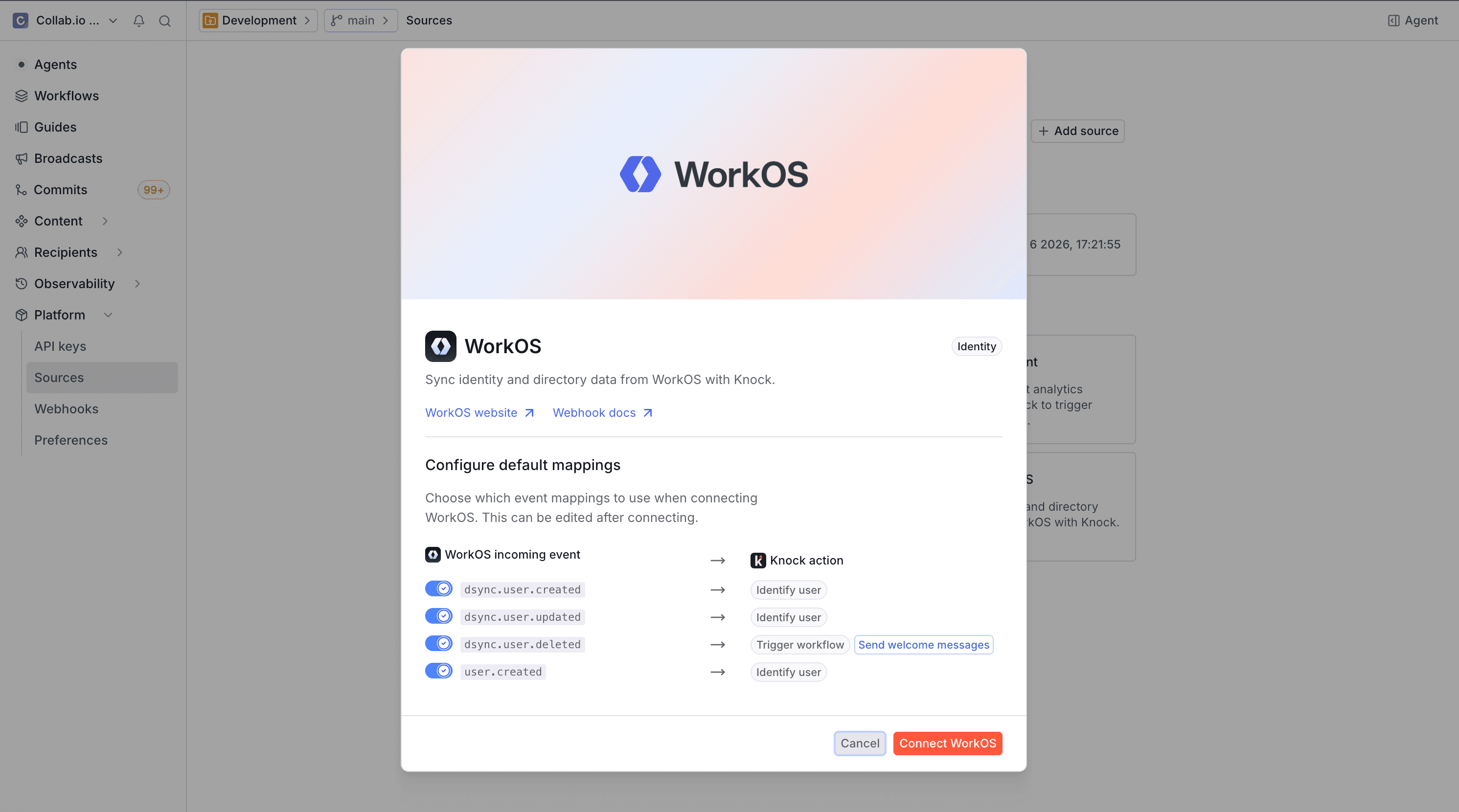 The WorkOS dashboard Webhooks page with the Knock endpoint URL and event subscriptions